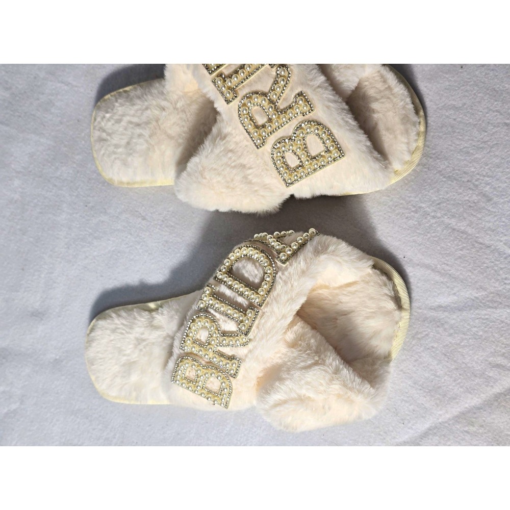 White Faux Fur Slide Slippers Pearl Rhinestone BRIDE Womens Sz 40-41